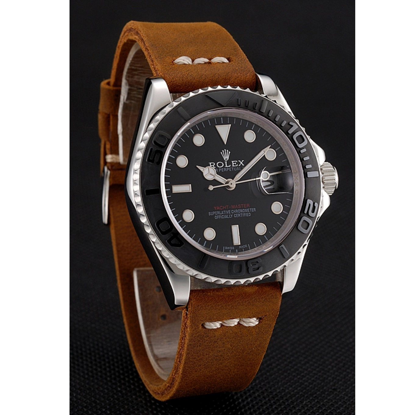 Aaa replica watch Black Dial Yacht Silver Case 1453859 Rolex Master Brown Leather Bracelet 0712
